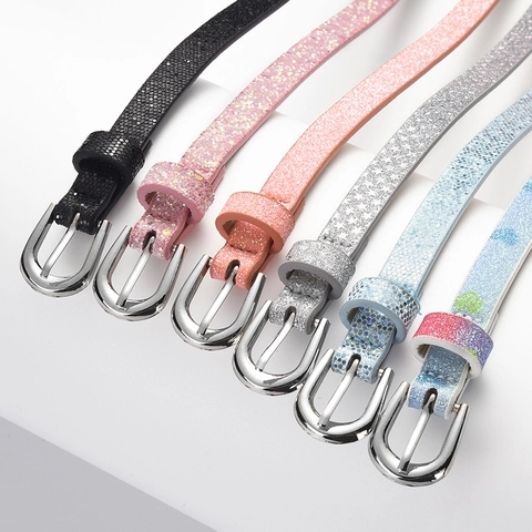 Meisjes Mode Riem PU Leer Glanzend Pailletten Glitter Dunne Tailleband Met Legering Gesp
