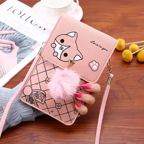Women Girls Cartoon Animal Print PU Leather Mobile Phone Crossbody Bag With Pom Pom Charm And Quilted Pattern Design