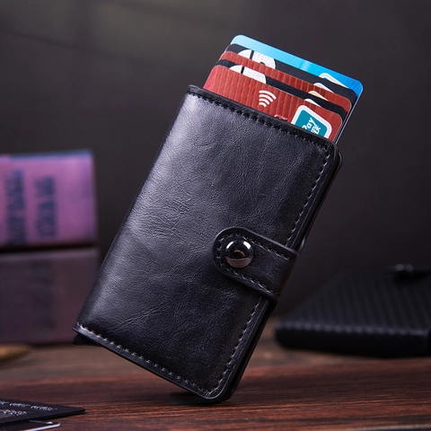 PU Leather Aluminum Alloy RFID Blocking Automatic Pop-up Card Holder Slim Minimalist Business Wallet