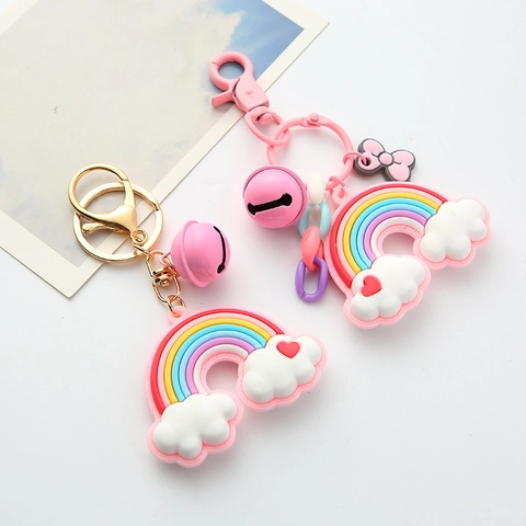 Simpatico Portachiavi in Silicone Arcobaleno Nuvola Cuore Con Cinturino Rosa Campanello Conchiglia Ciondolo Borsa Regalo Donna
