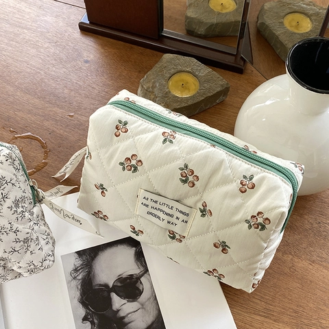 Borsa Per Trucco In Cotone Trapuntato Stampa Floreale Ciliegia Organizzatore Cosmetico Da Viaggio Portatile Cerniera