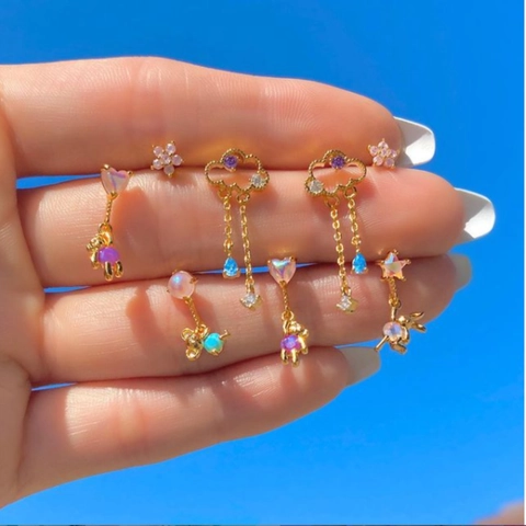 Cute Animal Cloud Tassel Earrings For Women Gold Plated Brass Rhinestone Artificial Pearl 925 Sterling Silver Post Jewelry