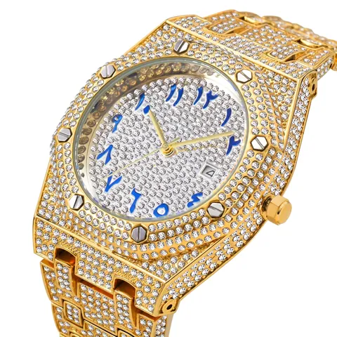 Luxury Men Quartz Watch Iced Out Full Diamond Stainless Steel Waterproof Date Arabic Numerals Octagonal Hip Hop Style