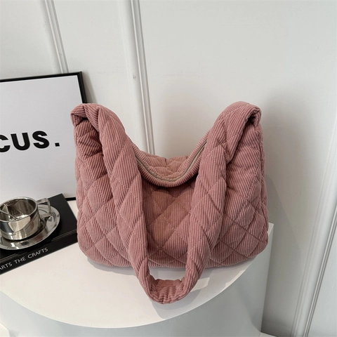 Große Cord-Einkaufstasche Für Damen Gestepptes Rautenmuster Schultertasche Lässige Mode Reißverschluss Weiche Handtasche