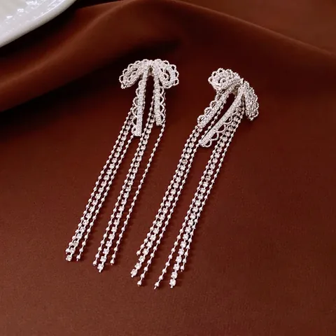 Orecchini Con Fiocco E Nappine Con Zircone Rame E Perno In Argento Sterling 925 Eleganti Lunghi Pendenti Di Moda Per Donne
