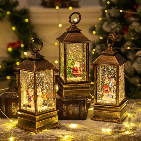 Christmas Snow Globe Lantern LED Water Glitter Musical Box Vintage Bronze Holiday Ornament Decor For Home Party Tabletop