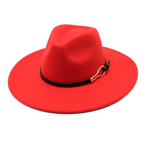 Wide Brim Wool Felt Fedora Hat With Metal Buckle Leather Band Vintage British Style Jazz Cap For Men Women
