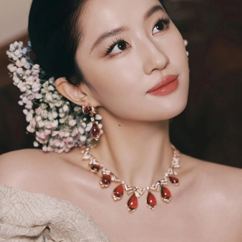 Water Drop Red Gemstone Necklace And Earrings Rhinestone Copper Jewelry For Women Vintage Elegant Luxury Tassel