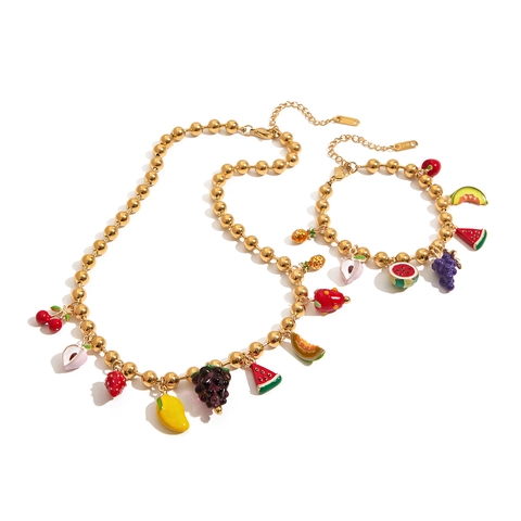 Collier Et Bracelet Breloques Fruits Acier Inoxydable Plaqué Or 18K Bijoux Boho Imperméables Hypoallergéniques