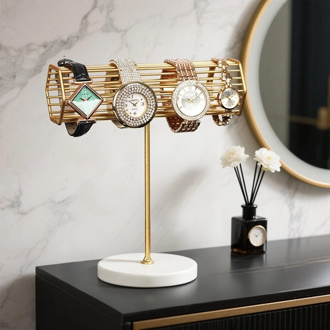 Luxury Gold Iron Jewelry Organizer Stand With Marble Base For Watches Bracelets And Hair Scrunchies T-Shaped Display Rack