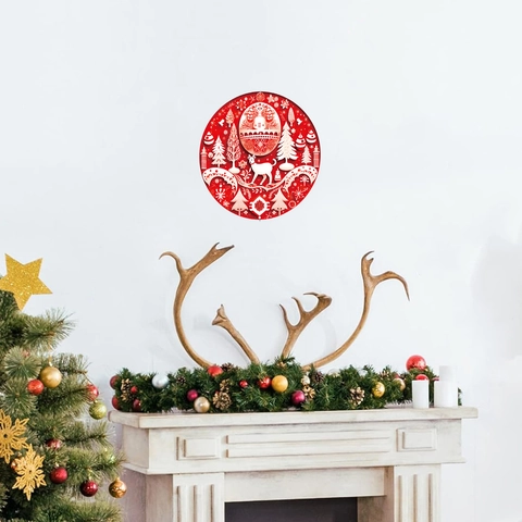 Autocollant Mural Noël PVC Adhésif Renne Flocon Neige Arbre Style Papier Rond Rouge Blanc Décoration Vacances