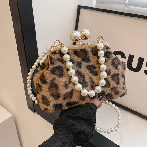Women Faux Fur Plush Handbag With Artificial Pearl Top Handle Shell Evening Bag Crossbody Purse Metal Kiss Lock Clasp