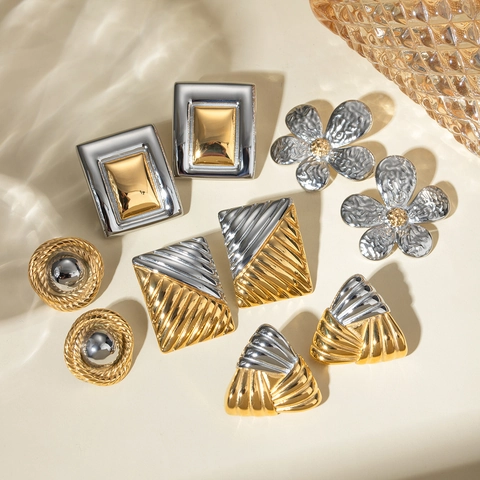 Orecchini A Lobo Geometrici Vintage Per Donna In Due Toni Oro Argento Acciaio Inossidabile Gioielli Minimalisti Testurizzati