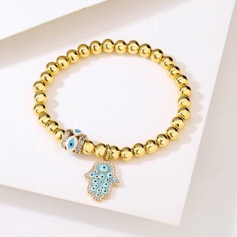Hamsa Hand Evil Eye Beaded Bracelet Gold Plated Copper With Zircon And Enamel Lucky Charm Jewelry For Women