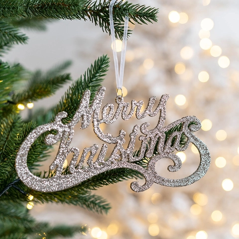 Ciondolo Pendente Lettera Merry Christmas Ornamenti in Plastica Glitterata per Albero di Natale Festa Decorazione Casa