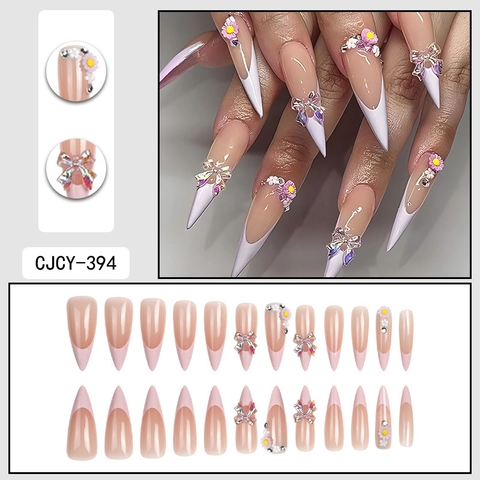 Press On Nails Long Stiletto French White Tip 3D Purple Flower Aurora Bow Rhinestone Nude Pink Fake Nails For Women