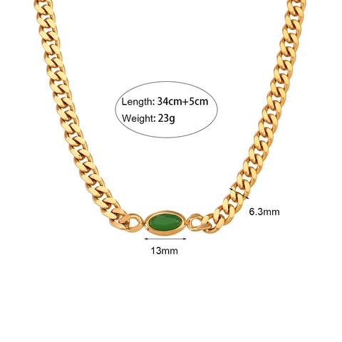 Mode Edelstahl Panzerkette Choker Halskette Mit Grünem Ovalem Anhänger Vergoldeter Schmuck Für Damen Täglich Zubehör