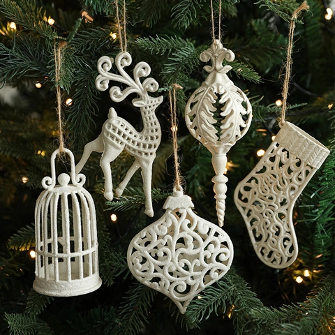 Ornements De Noël Blancs En Plastique Pailleté Renne Flocon De Neige Étoile Cloche Évidé Scintillant Décoration Sapin