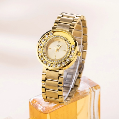 Women Fashion Quartz Watch Stainless Steel Floating Rhinestone Luxury Waterproof Analog Wristwatch Elegant