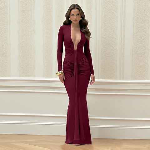 Wine Red Deep V Neck Ruched Long Sleeve Slim Fit Maxi Evening Dress Polyester Spandex Sexy Party Gown Women