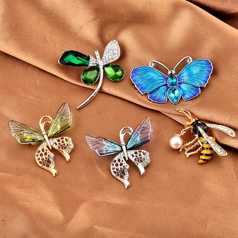Broches De Insectos Moda Mujeres Aleación Cristal Esmalte Resina Perla Artificial Forma Mariposa Libélula Abeja Decoración
