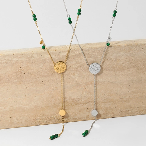 Collier Lariat En Acier Inoxydable Pour Femmes Perles De Malachite Verte Disque Rond Martelée Longue Chaîne De Pull Bohème