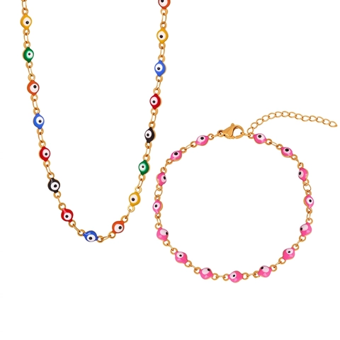 Collier Et Bracelet Mauvais Oeil Acier Inoxydable Émail Goutte Huile Coloré Délicat Ajustable Style Bohème Personnalité