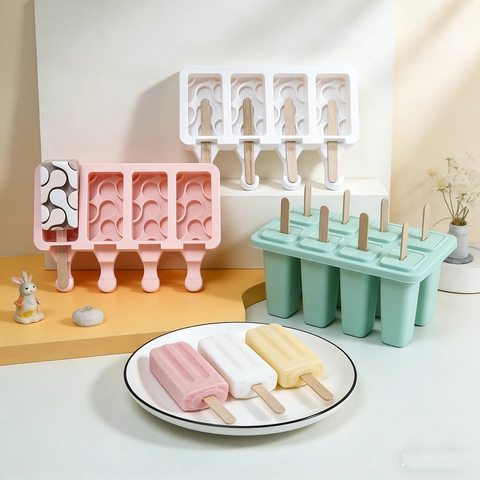 Silicone Popsicle Mold Food Grade DIY Ice Cream Maker With Lid And Wooden Sticks Wave Pattern Home Kitchen Tools