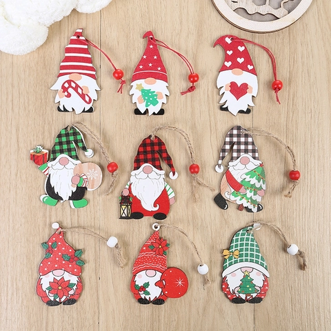 Wooden Christmas Gnome Hanging Ornaments Painted Cartoon Gnomes With Hemp Rope And Wooden Beads For Holiday Decoration