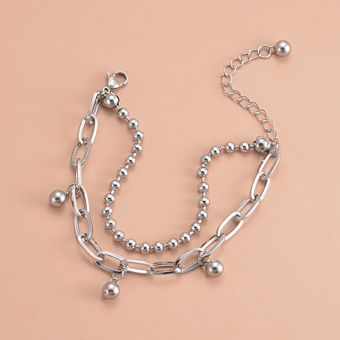 Minimalist Double Layer Bracelet Stainless Steel Bead And Link Chain Ball Pendant Adjustable Neutral Style For Men Women