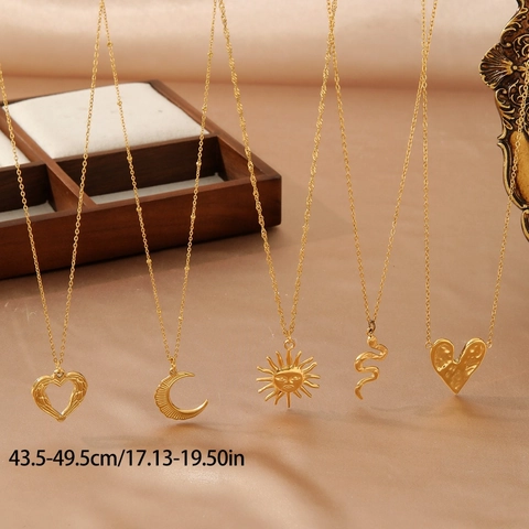 Collar Con Colgante Vintage De Acero Inoxidable Chapado En Oro Serpiente Luna Corazón Mariposa Libélula Alas Mujer