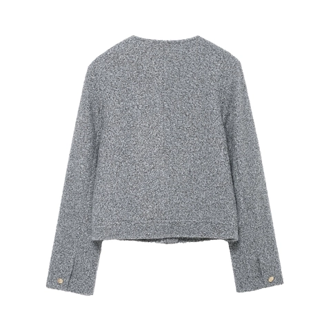 Veste En Tweed Femme Col Rond Elégante Bouton Doré Courte Bouclé Vêtements D'Extérieur Manches Longues Gris Automne