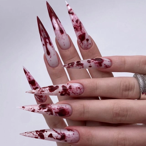 Halloween Press On Uñas Largas Stiletto Uñas Postizas Diseño De Salpicaduras De Sangre Roja Gothic Horror Party Para Mujeres