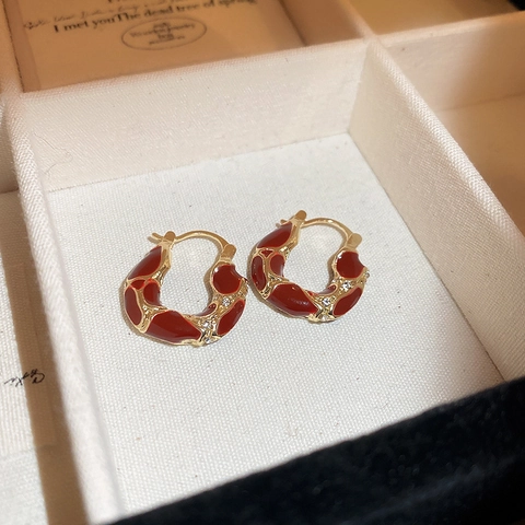 Vintage Rote Emaille U-Form Creolen Mit Strasssteinen Und Silver Earring Post Elegante Geometrische Nischenschmuck Für Damen