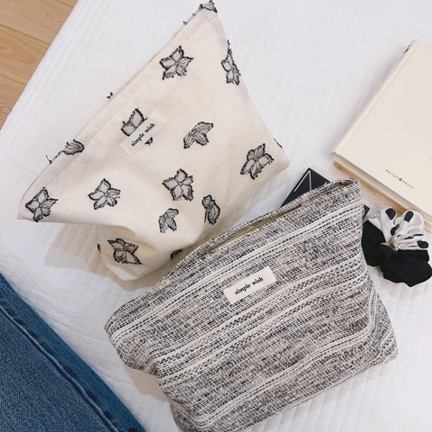 Minimalistische Leinwand Und Tweed Kosmetiktasche Künstlerische Bestickte Kosmetikbeutel Tragbare Reise Aufbewahrung Clutch Für Frauen