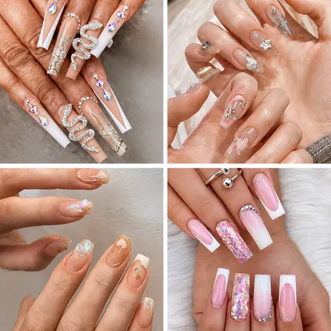 Luxury Press On Nails French Style With Gold Foil Rhinestones Butterfly Flower Designs 3D Charms Long Ballerina Fake Nails For Women
