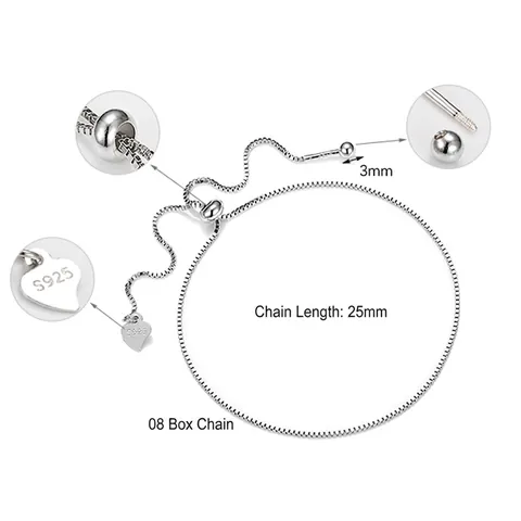 S925 Sterling Silver Adjustable Box Chain Bracelet For Women Minimalist Heart Pendant Slider Bolo Bracelet Jewelry Accessory