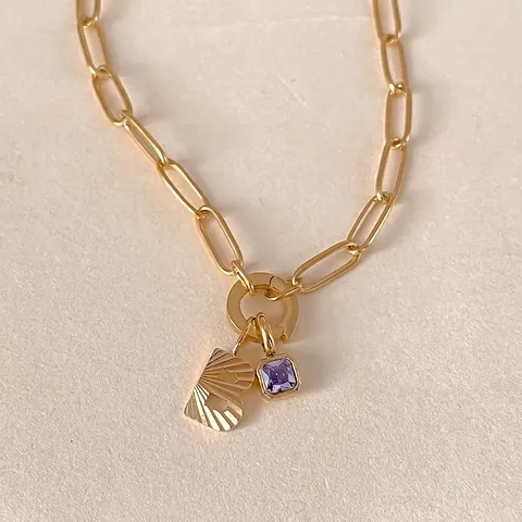Edelstahl Büroklammerkette Halskette Für Damen Personalisierte Diamantschliff Buchstabe Anhänger Lila Strass Schmuck Geschenk
