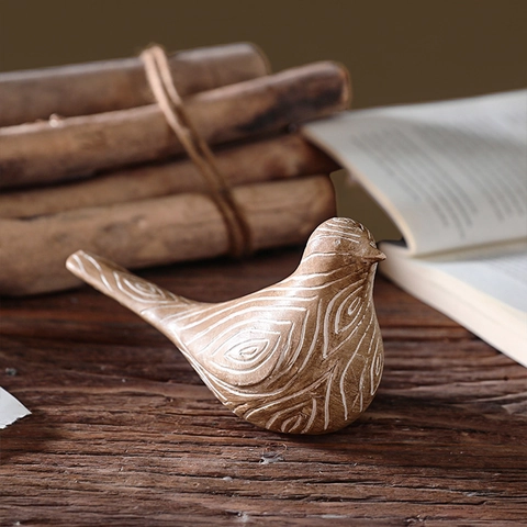 Resin Bird Statues Wood Grain Finish Abstract Animal Figurines Modern Rustic Home Decor Office Desktop Ornament Gift