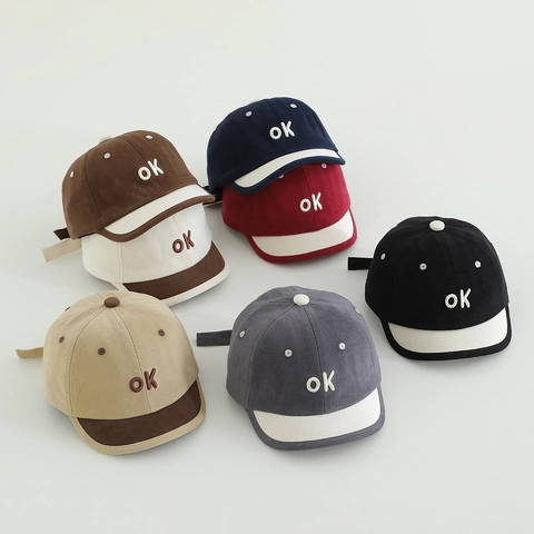 Cute Toddler OK Letter Embroidery Short Soft Brim Baseball Cap Color Block Infant Hip Hop Hat Adjustable Outdoor Sun Cap