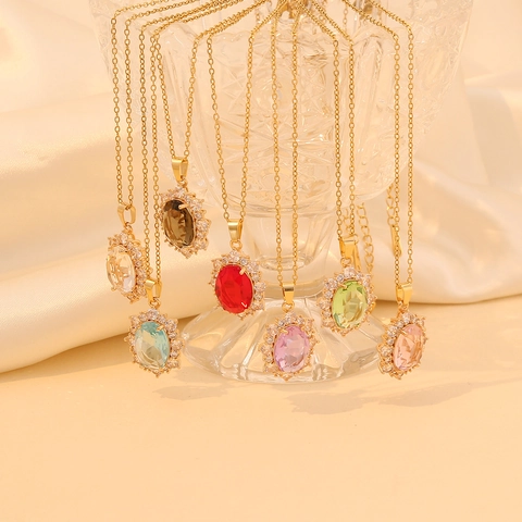 Oval Ei Anhänger Halskette Edelstahl Kupfer Mit Buntem Glas Strass Eleganter Modeschmuck Für Damen