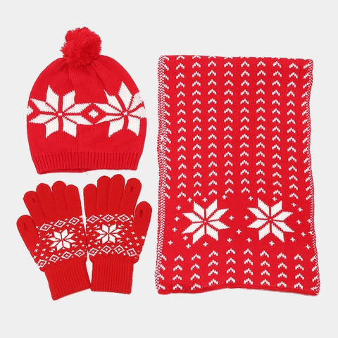 Cappello Sciarpa E Guanti In Maglia Di Acrilico Natale Inverno Caldo Motivo Fiocco Di Neve Stile Nordico Pompon Donne