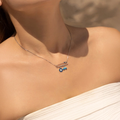 Collana In Argento Sterling 925 Con Pendente Occhio Del Male Blu E Macchina Design Spilla Da Balia Gioielli In Smalto