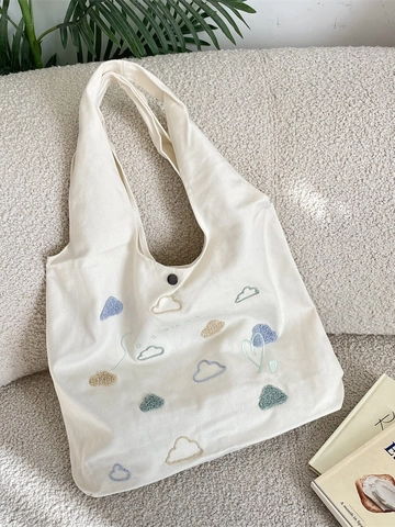 Sac Fourre-Tout En Toile Pour Femmes Avec Broderies De Nuages Colorés Grande Capacité Style Japonais Zakka