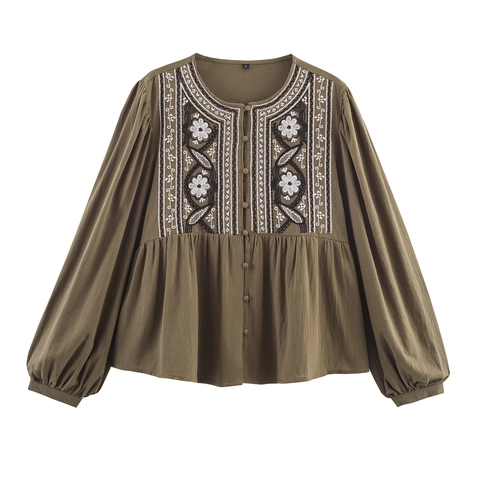 Women Vintage Embroidered Long Sleeve Blouse Round Neck Single Breasted Casual Boho Ethnic Top Shirt Olive Green