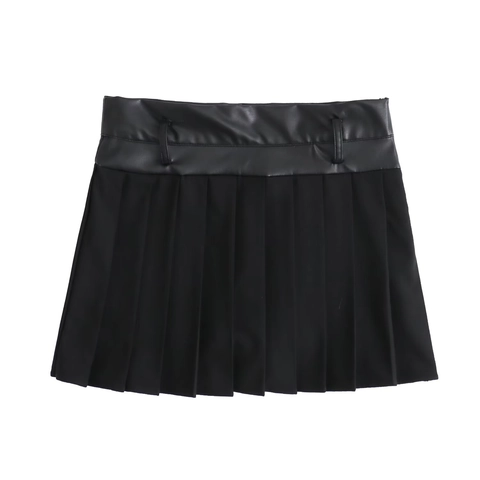 Women Pleated Skort High Waist PU Leather Patchwork A-Line Mini Skirt With Safety Shorts Streetwear Sexy Solid Black