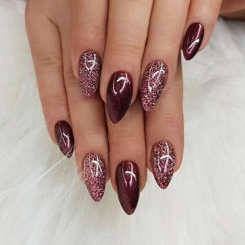 Uñas Postizas De Almendra Brillante Rojo Vino Rosa Púrpura Brillo Para Mujeres Manicura Elegante