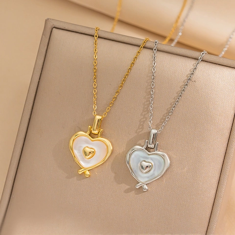 Heart Pendant Necklace Stainless Steel Mother Of Artificial Pearl Heart In Heart Clavicle Chain Minimalist Jewelry For Women