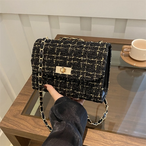 Women Crossbody Bag Tweed Woven Flap Shoulder Bag With Gold Metal Chain Strap And Twist Lock Fashion Square Handbag