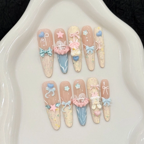 Handmade Press On Nails Long Stiletto Macaron Colors With 3D Rabbit Bear Bow Heart Decorations Sweet Kawaii Style For Women